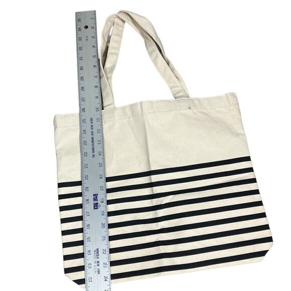 J Crew Tote Adult Canvas Striped Square Everyday Cotton H4998 Navy Blue - Picture 3 of 8